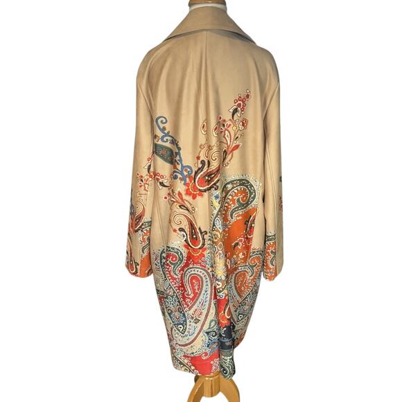 Chicos Paisley Long Swing Coat Boho Artsy Duster Jacket Travel Open Front Size3 - Picture 2 of 12